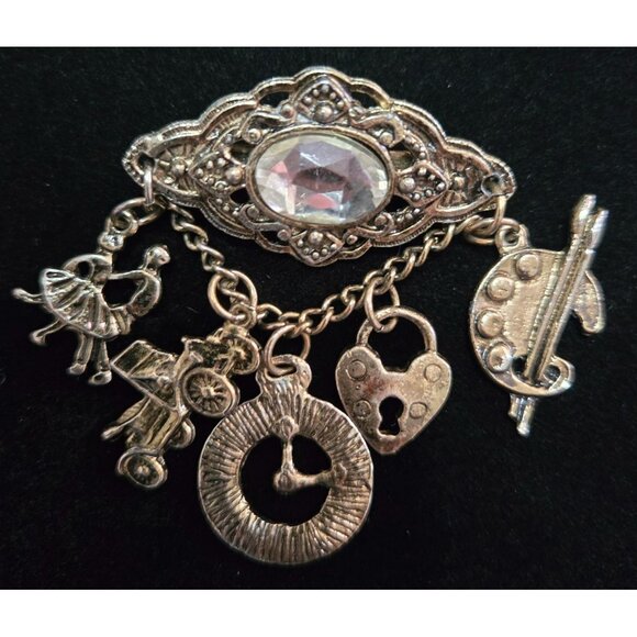 Vintage Artist Charm Brooch Dancer Painting Heart Clock Car - Picture 1 of 5